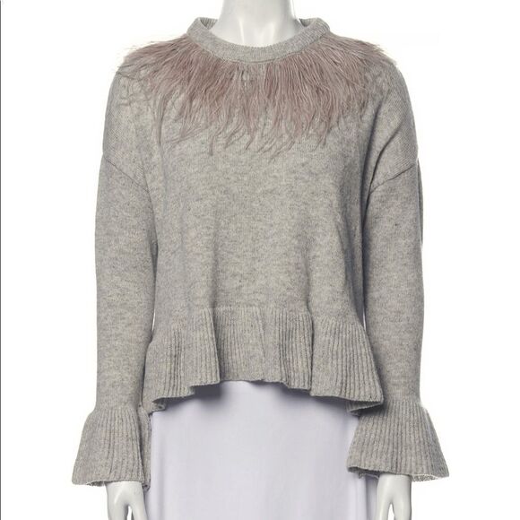 Cinq a Sept Crew Neck Sweater Grey With Ruffles and Feathers XS - Picture 1 of 4